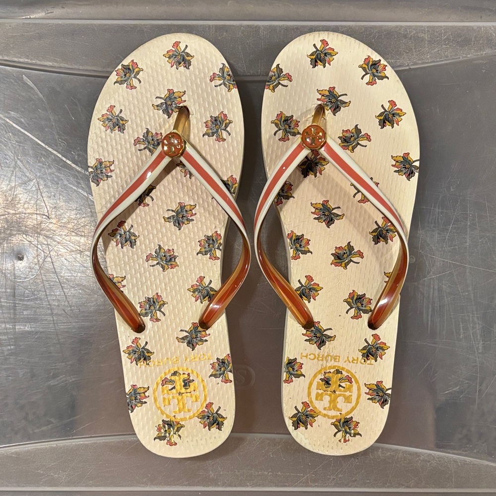 Tory Burch Cream and Brown Floral Sandals